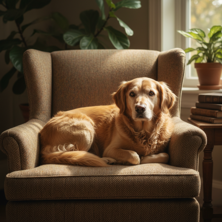 Chien senior digne sur fauteuil